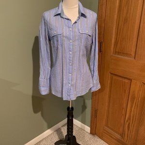 ST JOHNS BAY BLUE, SILVER, WHITE AND GRAY STRIPED BUTTON DOWN SHIRT SIZE M #453